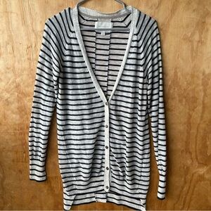 Brochu Walker Longline Linen Blend Gray and Black Stripe Cardigan
